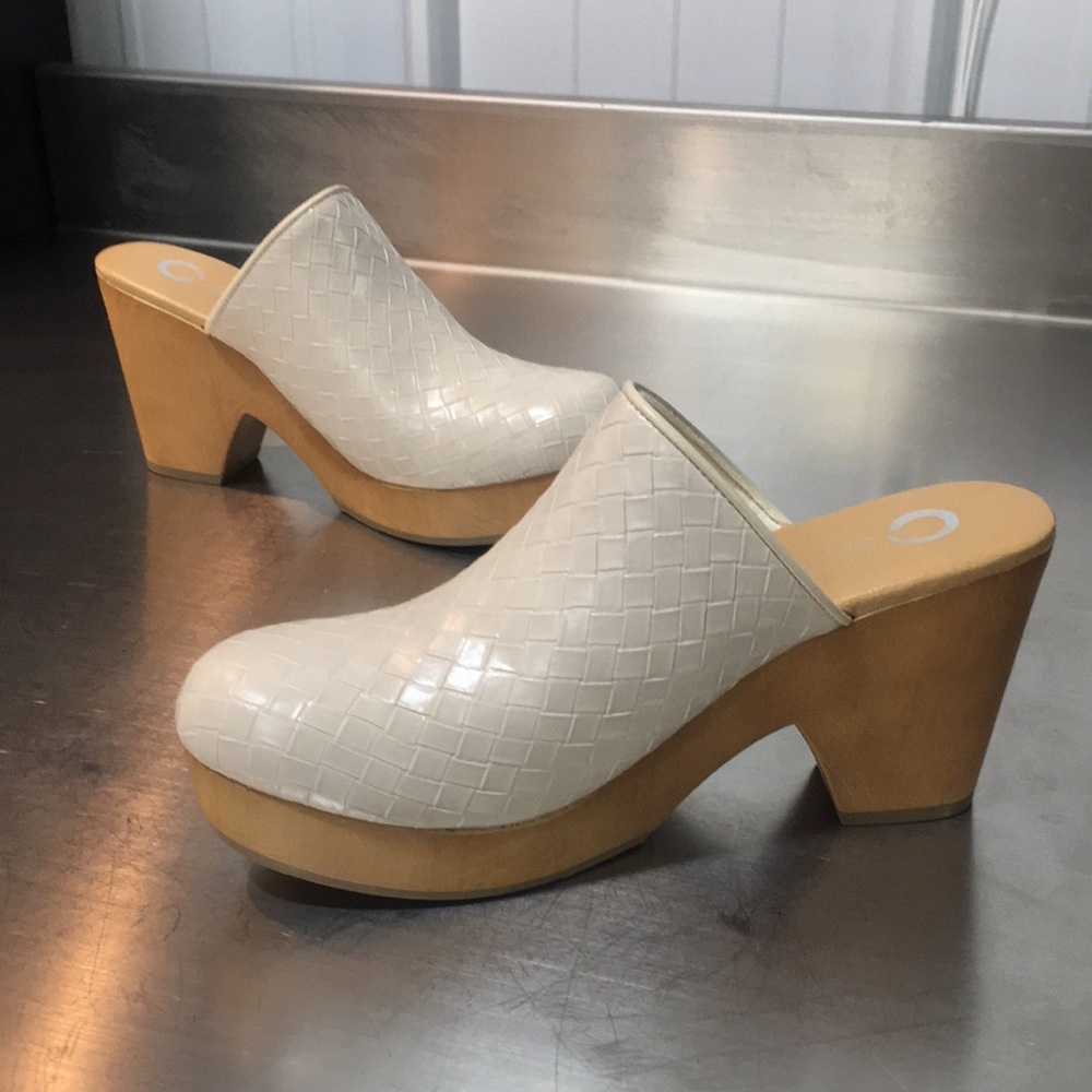 Journee Collection White Woven Leather Clog Mules with Wood Platform